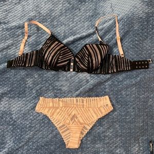 Victoria’s Secret bra and panties 32DD M black rose gold pink bikini cheeky
